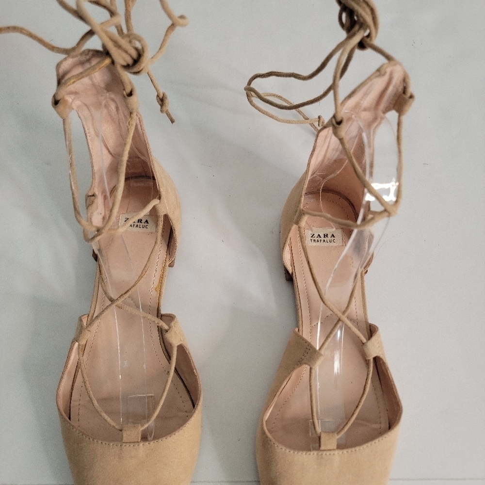 Zara Sz 38 8 Suede Lace Up Pointed Toe Ballet Flats Shoes Tan - Picture 3 of 8